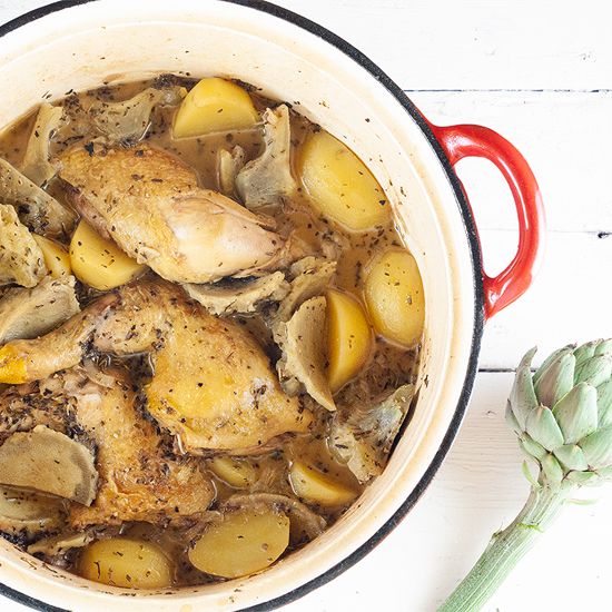Oven-roasted artichoke, chicken and potatoes