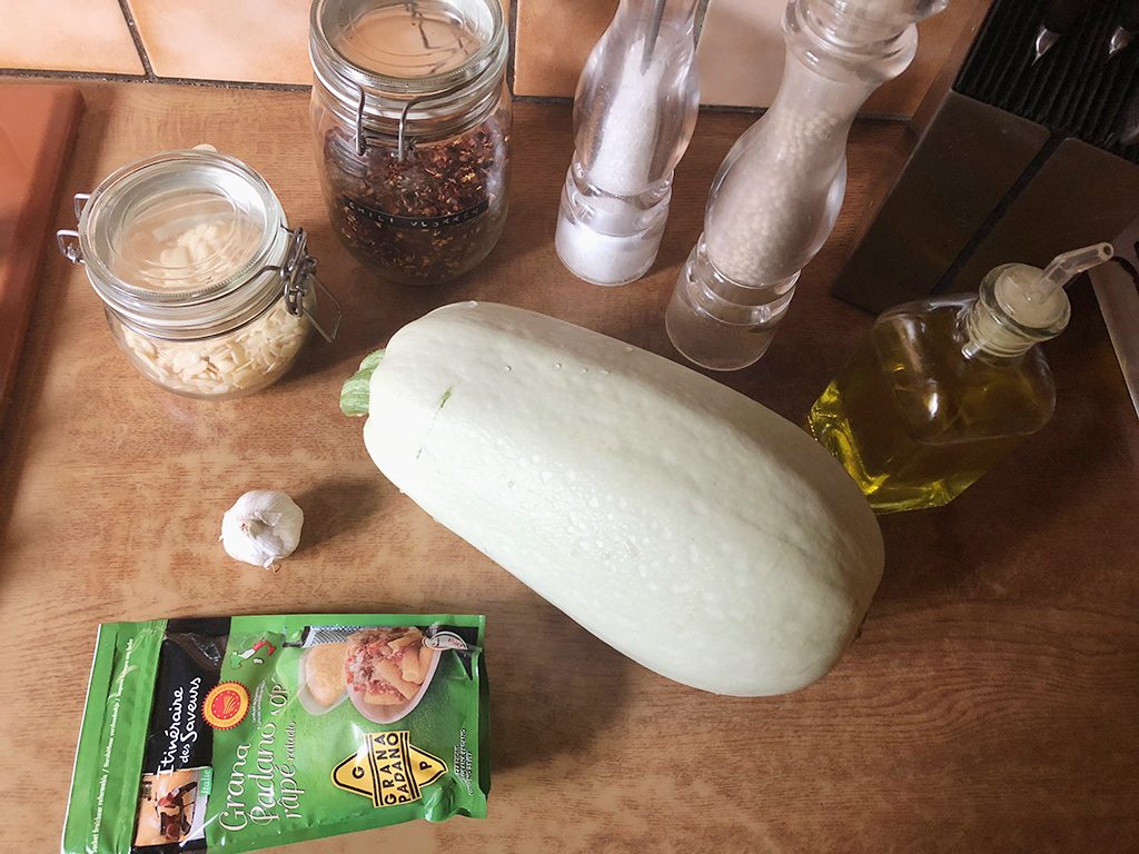 Pan-fried cheesy summer squash ingredients