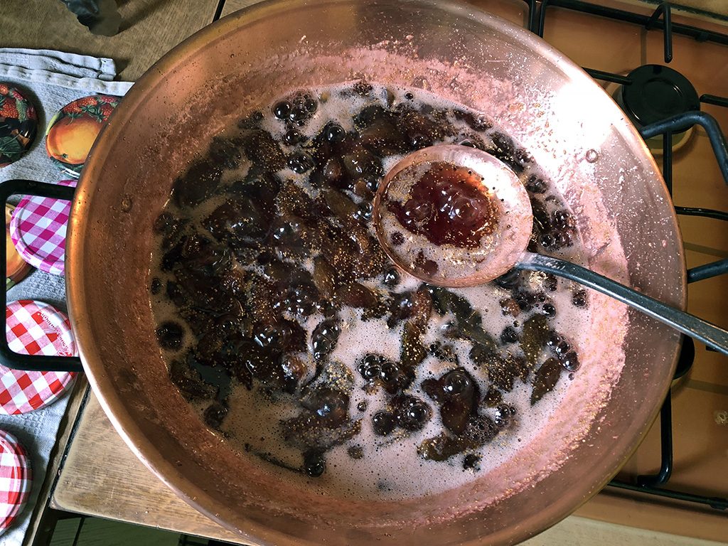 Homemade fig jam in copper pan