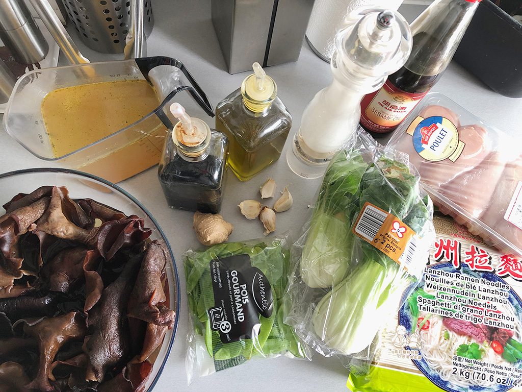 Black mushroom and chicken ramen ingredients