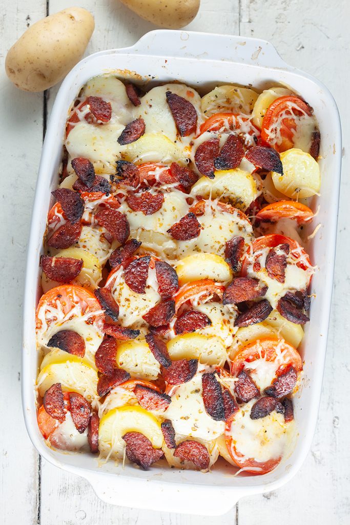 Potato, tomato and chorizo casserole