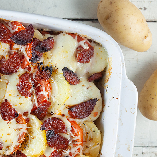Potato, tomato and chorizo casserole