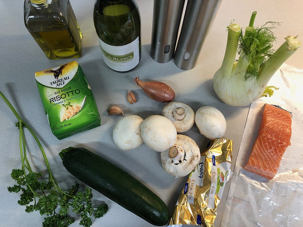 Fennel, zucchini and salmon risotto ingredients