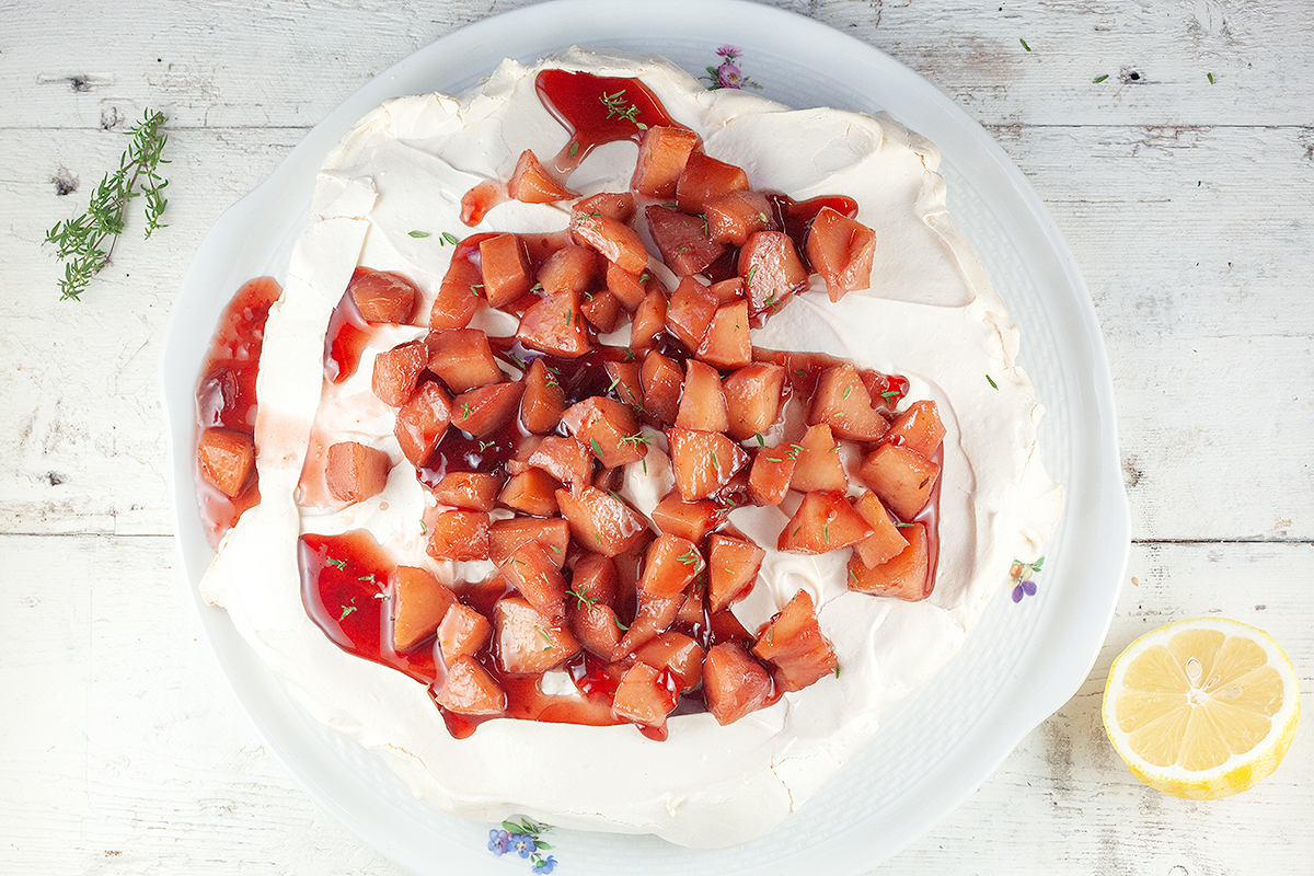 Quince and red port pavlova